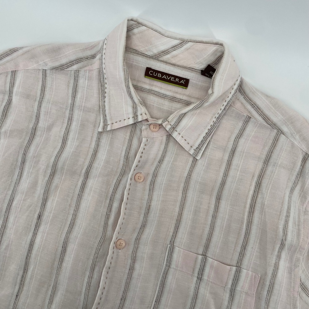 Cubavera Button Down Mens XL Pink Striped 100% Linen Short Slv Pick Stitch Shirt